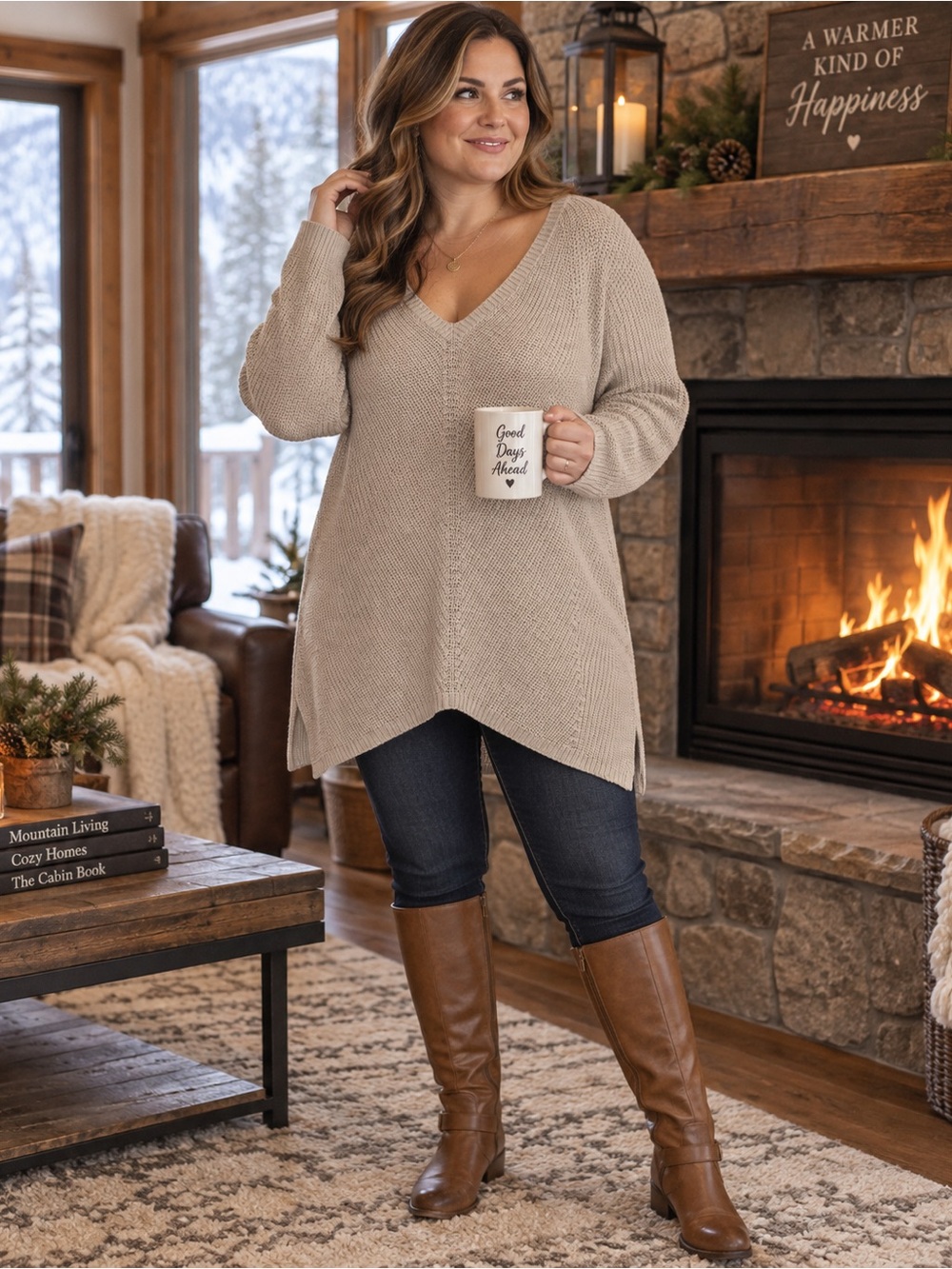 NWT Beige V-Neck Knit Women’s Sweater Full Tunic XL Fall Winter